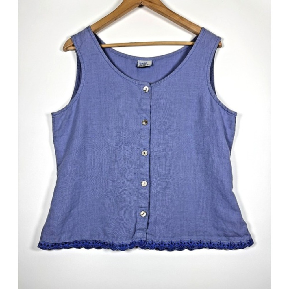 tsd Two Star Dog Tank Top Womens Large Blue Hemp Button Front Made in USA‎